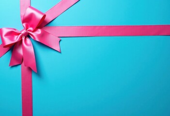 Blue festive background with pink satin bow and ribbon, gift card template