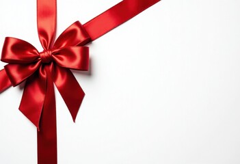 White festive background with red satin bow and ribbon, gift card template