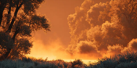 Obraz premium distant glow from hidden sun lighting fog-covered bushes