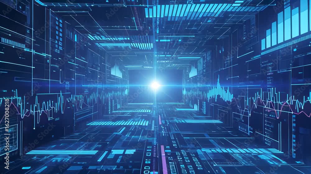 Poster explore futuristic digital tunnel with dynamic zooming shot showcasing advanced technology in motion