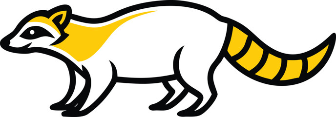 Stylized raccoon with a white body and yellow stripes stands on four legs
