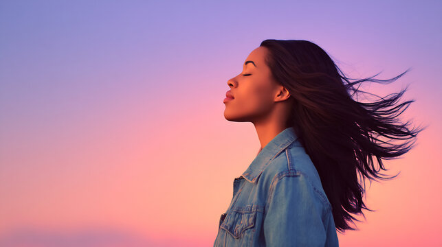 side view of woman with long hair flipping hair, pastel sky