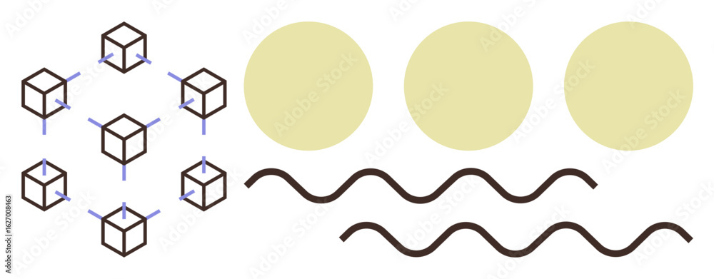 Poster interconnected cubes with arrows, large circular shapes, and wavy lines symbolize connectivity, idea