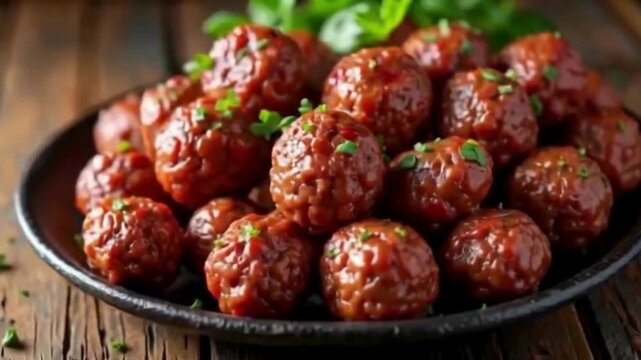 Brown, textured meatballs gleam on wood. Ideal for food product photography or Turkish food social media.
