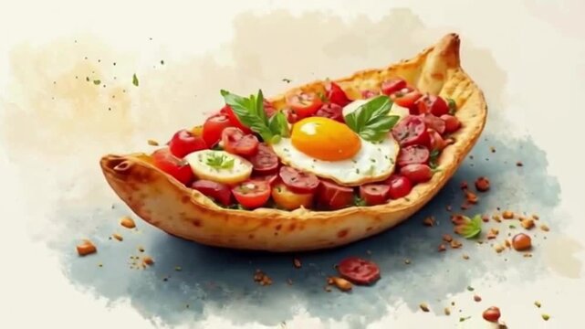 Sunny egg tops flavorful Turkish Pide in soft light. Food photography, branding.