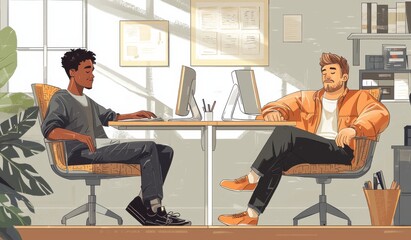 Illustration of two men in a modern office environment collaborating