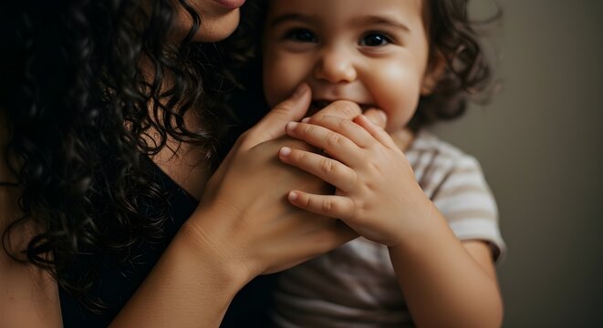 Close-up of a young mother holding her smiling child in her arms, warm natural light, joyful family moment, concept of maternal love, affection, and emotional bonding.