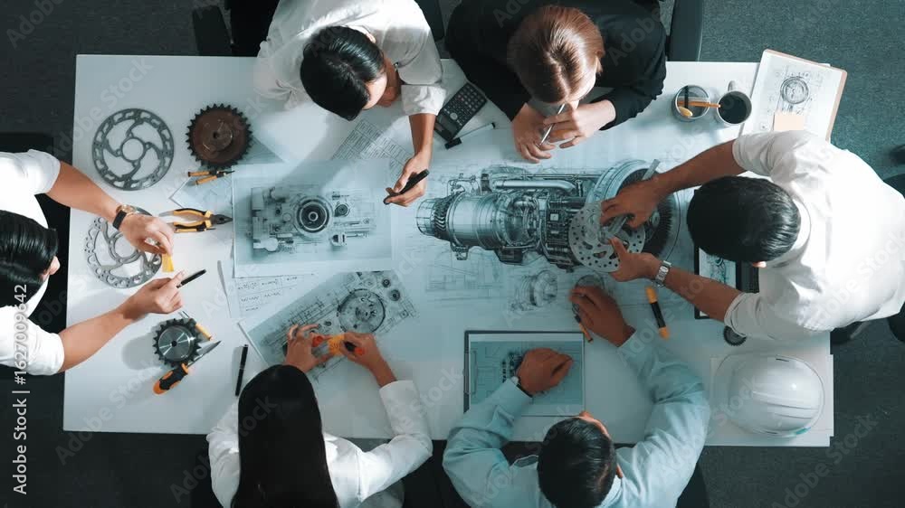 Poster top view of engineer pointing at turbine engine at meeting table with equipment. aerial view of prof