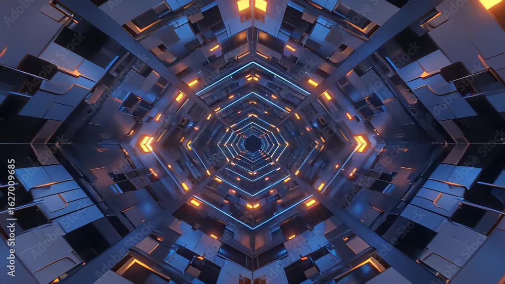 Poster explore a captivating tunnel illuminated by neon lights showcasing advanced technology in a dynamic 