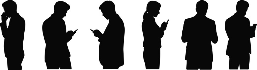 Smartphone user silhouette set, black vector icons of people using mobile phones, modern lifestyle design for tech, behavior, and society