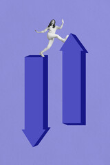 Trend artwork composite banner 3D photo collage of young lady stand two arrow different direction...