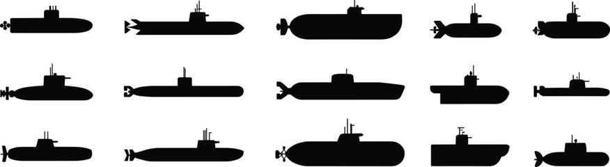 Submarine silhouette collection, black naval vector icons of underwater vessels, military and engineering design elements for ocean, war, and transport © Rifat Creatives