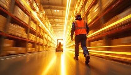 Man in high visibility vest, hard hat walks through brightly lit warehouse aisle lined with shelves of boxes. Forklift moves in distance, conveying motion, industrial activity. Bright light streaks
