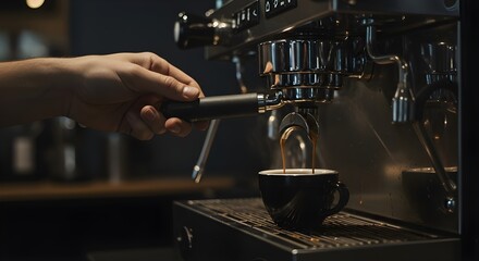 Hand pulling the lever of a manual espresso machine, with rich, dark coffee flowing into a cup, close-up shot highlighting the brewing process, aroma, and crema, concept of artisanal coffee making.