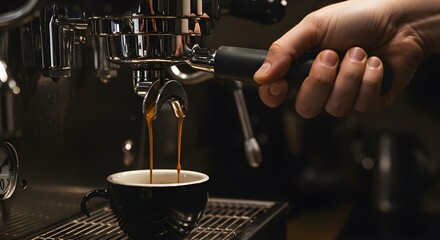 Hand pulling the lever of a manual espresso machine, with rich, dark coffee flowing into a cup, close-up shot highlighting the brewing process, aroma, and crema, concept of artisanal coffee making.