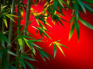 Serene Bamboo: A close-up shot of vibrant green bamboo leaves and stalks, set against a rich, red backdrop, creating a stunning contrast of colors and textures.