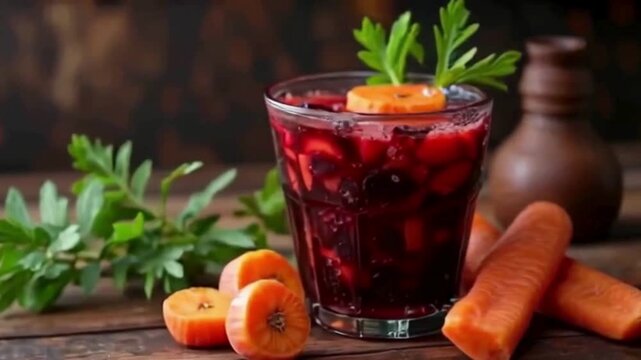 Dark Red Drink with Carrots shows vibrant texture on a wooden surface. Use for beverage product photography, health content, or social media.