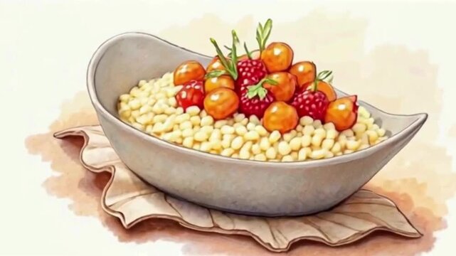 Watercolor painting shows Turkish delight cuisine with colorful berries. Use for blog posts, menu design, or culinary social media.