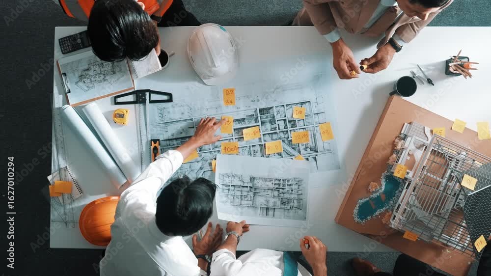 Poster top down view of skilled engineer team compare between blueprint and house plan. aerial view of grou