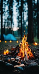 Warm campfire in a tranquil forest setting.