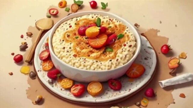 Creamy dessert with fruits sits on table. Food photography.