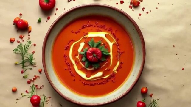 Red tomato soup with cream swirl presents flat lay food styling. Works as Turkish food photography, social media, branding.