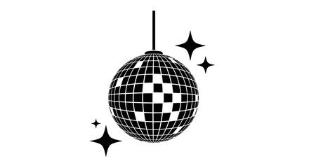Vector art of a classic black and white disco ball with sparkling stars, isolated on a clean white background, perfect for party and music themes