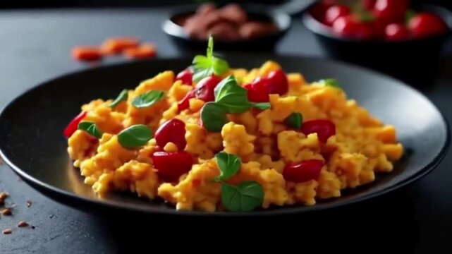 Orange textured dish is served with red garnish, perfect for food blog, menu template, or social media.