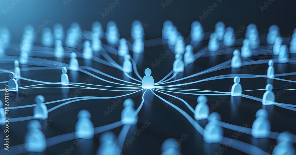 Poster connected network: a futuristic display of networked individuals, interconnected via radiant lines, 