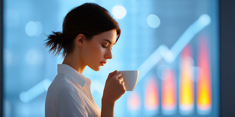 woman sipping tea looking at business graphs