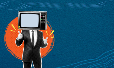 Trendy halftone pop art collage. A business man with a retro television instead of a head against a blue background. Empty space for advertising. The concept of propaganda through television