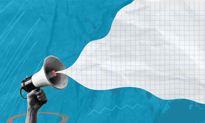 Trendy halftone pop art collage. Human hand holding megaphone and spreading fake news. Information, creativity, social problems, rumors. Empty space for advertising.
