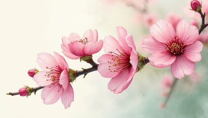 Obraz premium Delicate pink cherry blossoms painted in watercolor style. Soft floral art showcases spring blooms on a branch with buds. Light and airy pastel colors, subtle ink texture details.
