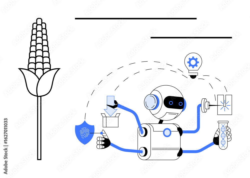 Poster robot managing precision tasks with tools and ai integrations beside corn. ideal for innovation, tec