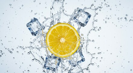 Lemon Slice Plunging into Icy Water Splash