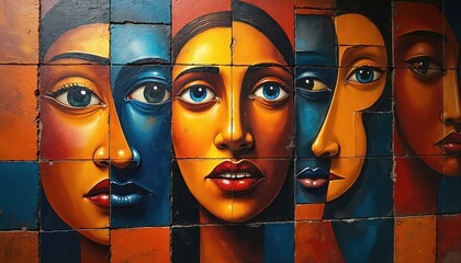 Vibrant abstract mural depicts multiple faces with striking blue eyes and expressive features. Colorful mosaic of human faces represents emotional diversity, cultural identity, and unity.