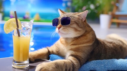 A relaxed cat wearing stylish sunglasses enjoys a refreshing drink while lounging by the poolside. Bright sunshine enhances the cheerful atmosphere of the setting
