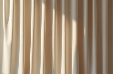 Obraz premium Beige curtains isolated on transparent background. Soft light casts shadows on fabric folds. Elegant textile suitable for theatre stage, cinema, interior design. Versatile element with copy space for