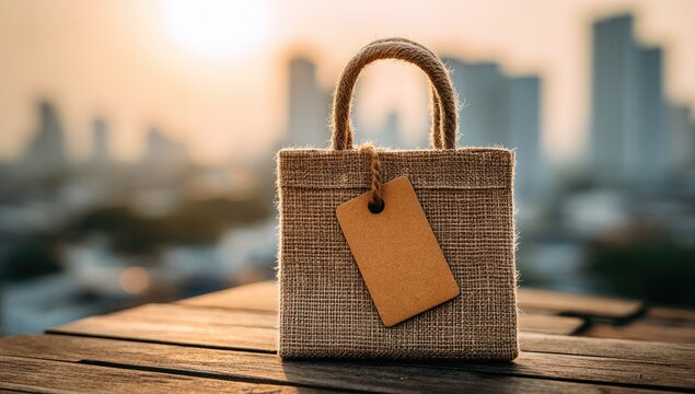 Natural fiber tote bag on a wooden surface.