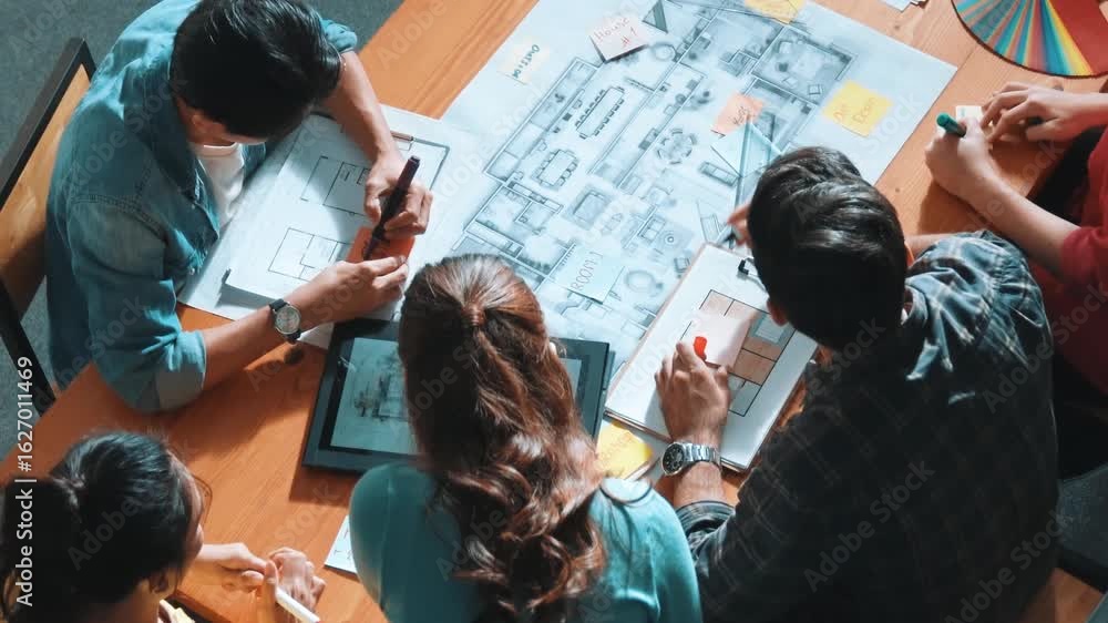 Poster top view of skilled civil engineer team writing at blueprint and planning design. professional archi