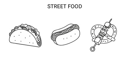 A collection of three popular street food icons. Minimalist black and white line art illustrations of a taco, hot dog, and a pretzel skewer 32.