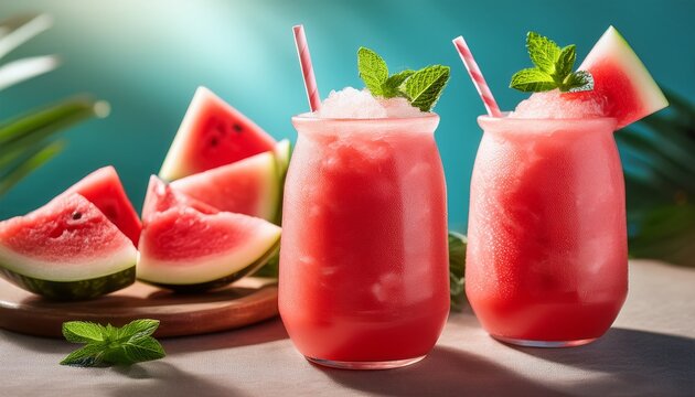 refreshing watermelon slush drinks served on a sunny day with fresh fruit nearby