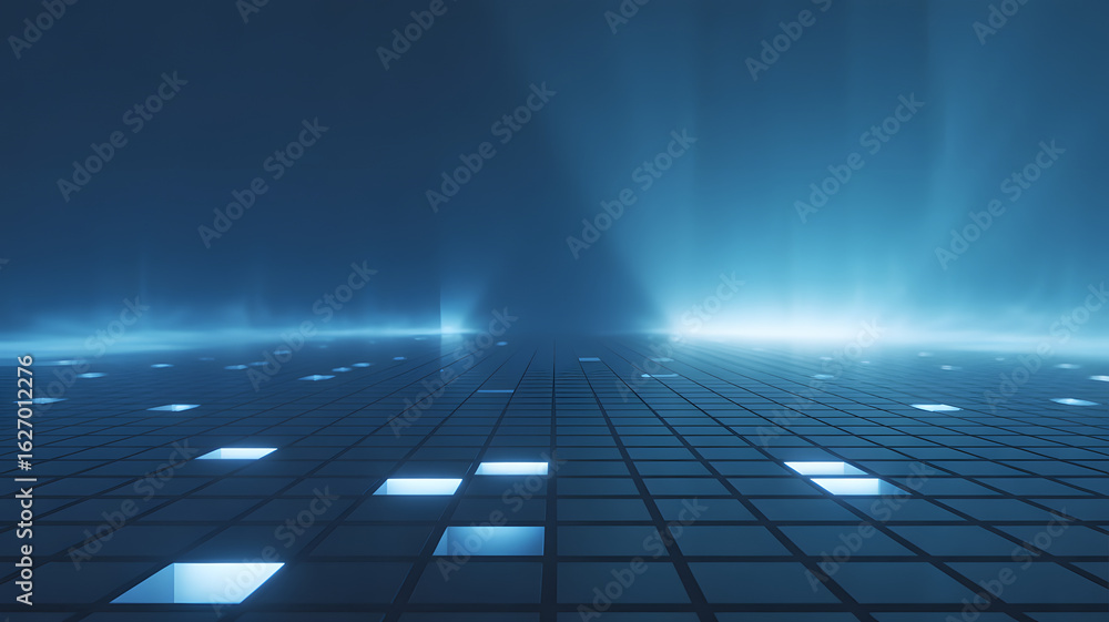 Aufkleber abstract grid: a digital landscape of illuminated squares, rendered in cool blue tones, creating a s