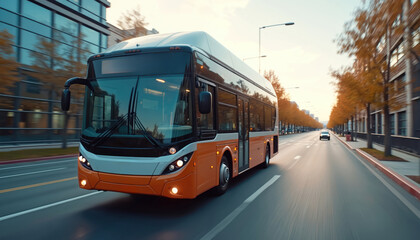 Vibrant city scene with modern orange, white bus in motion on right side of road. Tall glass structure on left, clear blue sky, warm sun glow. Urban landscape, architecture, transportation, city life.