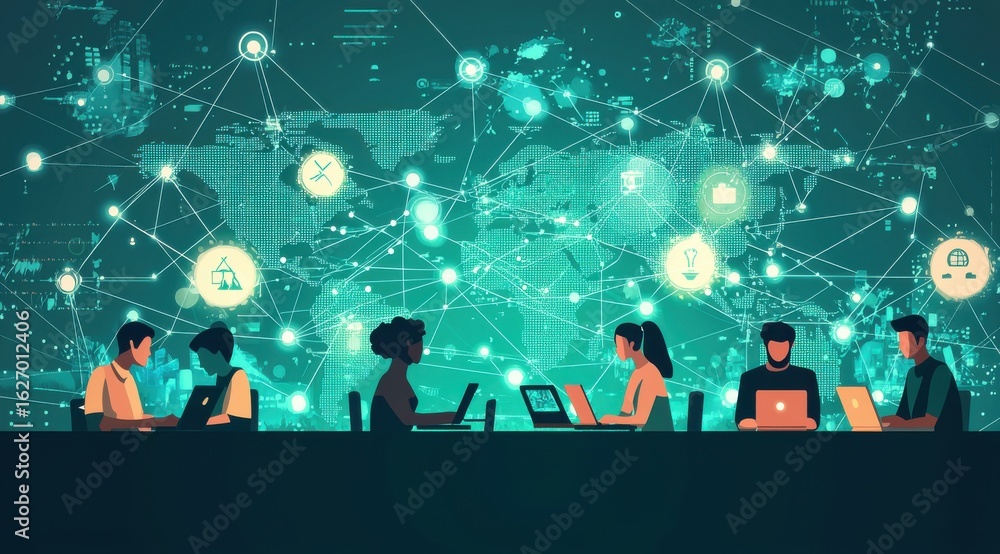 Aufkleber group of professionals collaborating with a digital interconnected world map background