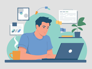 Clean and modern vector  illustration of man working remotely on laptop home office freelance job
