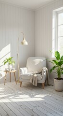 Bright reading with armchair and plants near a window