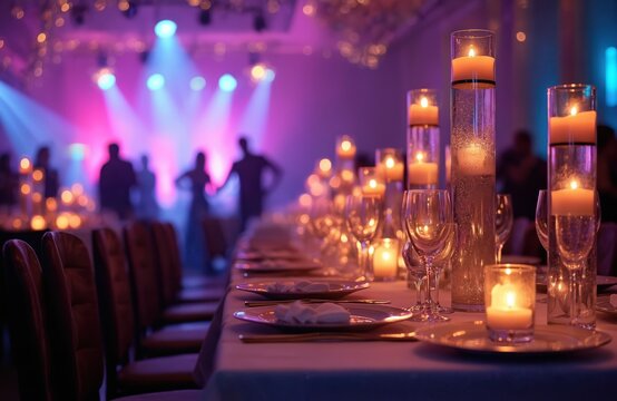 Elegant banquet table setting with burning candles in glass vases, illuminated by disco lights. Silhouettes of people dance in background at festive event wedding reception. Romantic atmosphere for