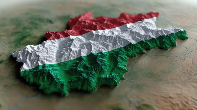 Vibrant red white green national flag colors proudly displayed on an elevated textured land outline map of Hungary celebrating Constitution Day and Saint Stephen's Foundation Day heritage