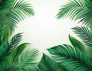 lush green palm leaves frame isolated on white background